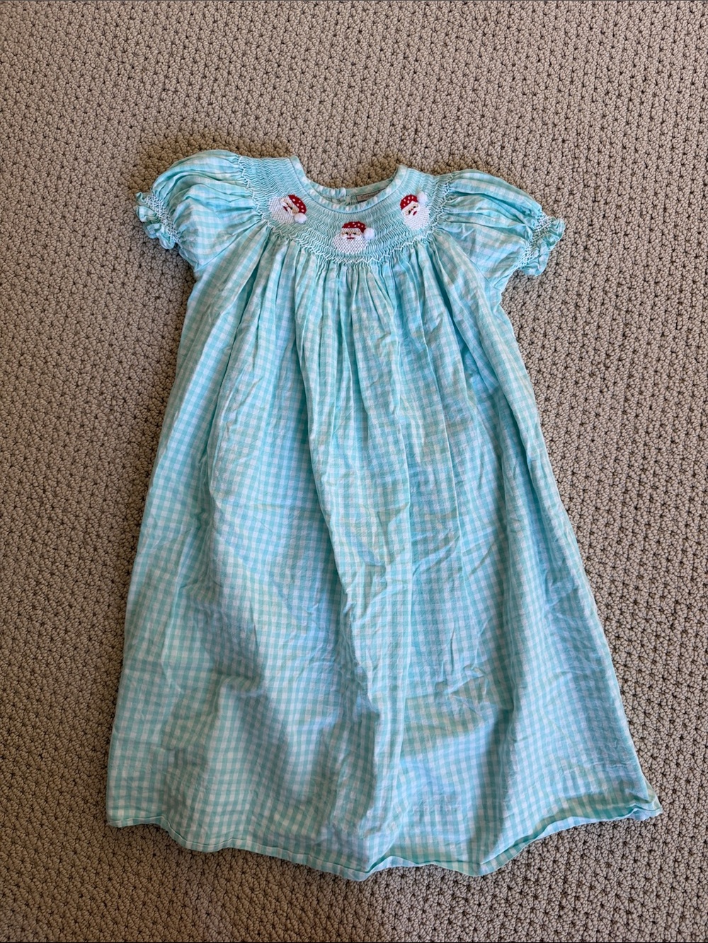 Gingham Girls Dress with Smocked Embroidered Santa